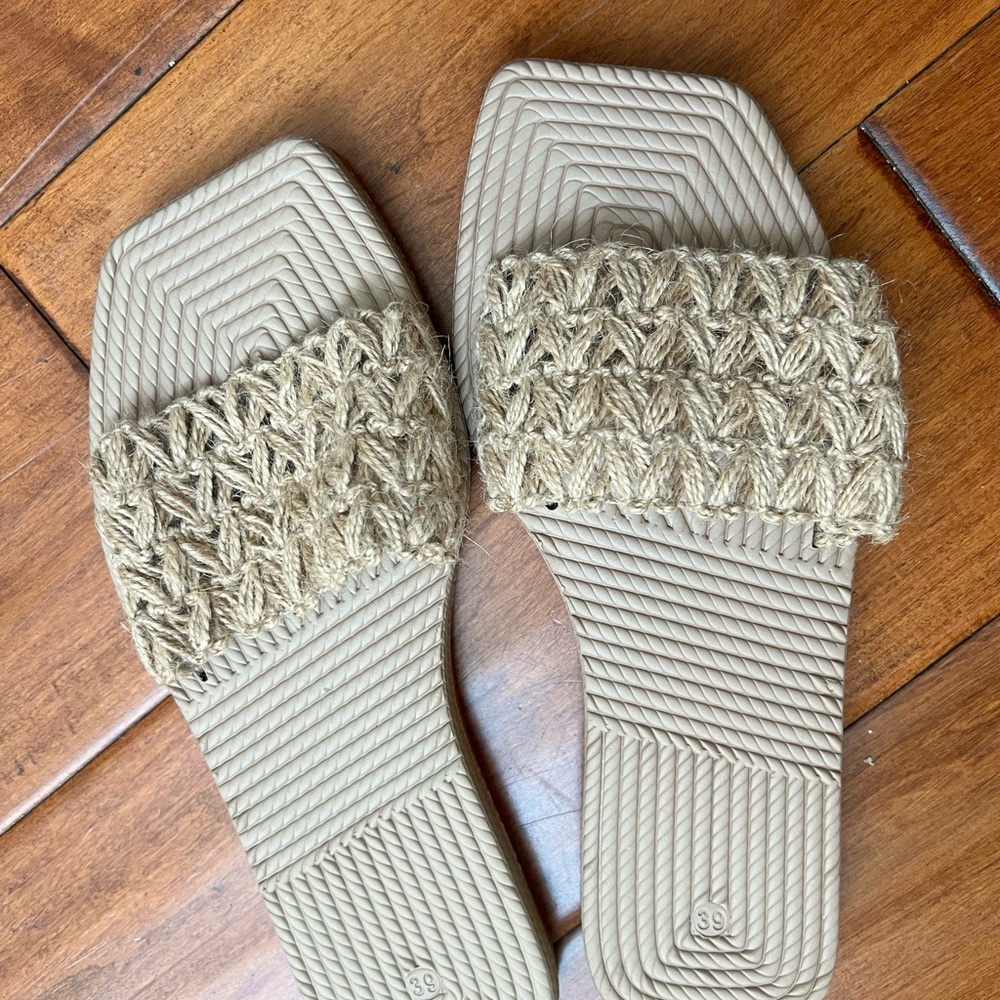 Beige Woven Slide Sandals